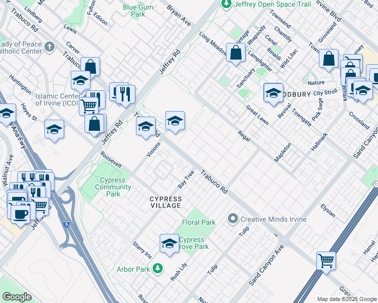 map of restaurants, bars, coffee shops, grocery stores, and more near 22 Sanctuary in Irvine