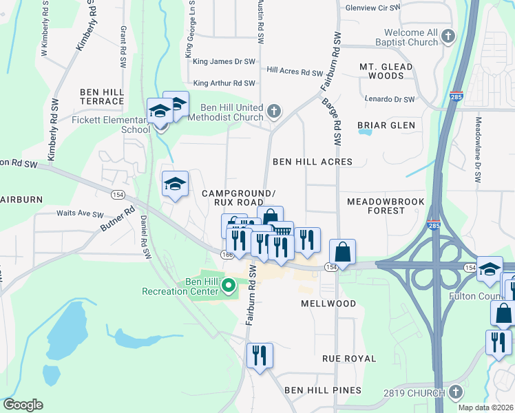 map of restaurants, bars, coffee shops, grocery stores, and more near 2239 Fairburn Road Southwest in Atlanta