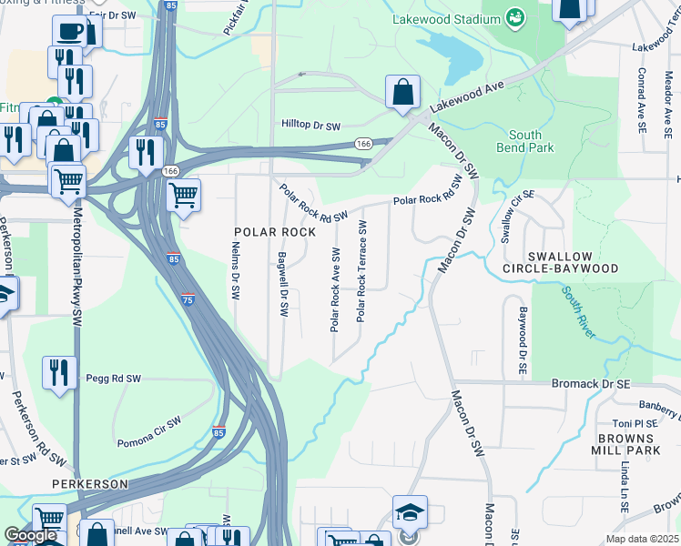 map of restaurants, bars, coffee shops, grocery stores, and more near 2240 Polar Rock Avenue Southwest in Atlanta