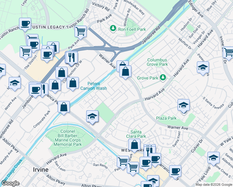 map of restaurants, bars, coffee shops, grocery stores, and more near 60 Fringe Tree in Irvine