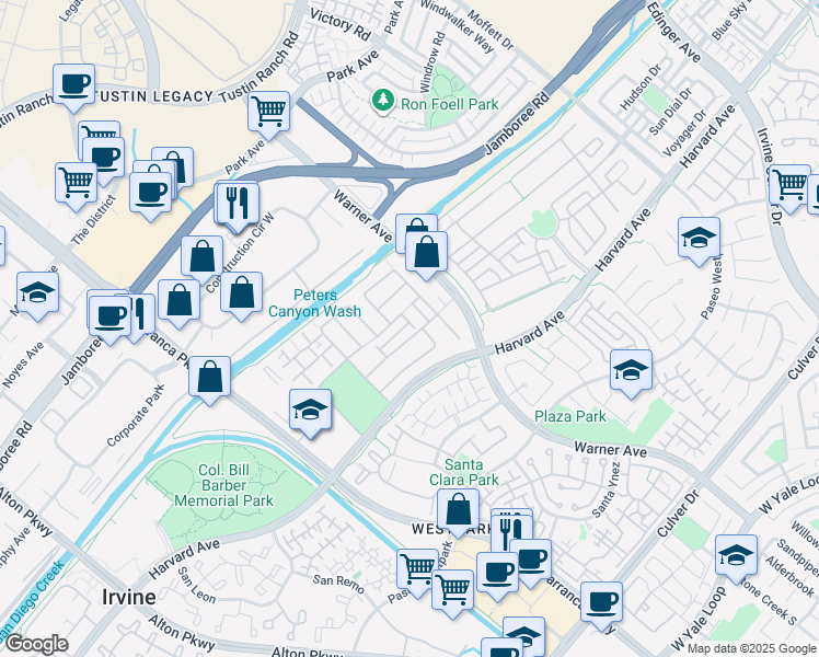 map of restaurants, bars, coffee shops, grocery stores, and more near 65 Juneberry in Irvine