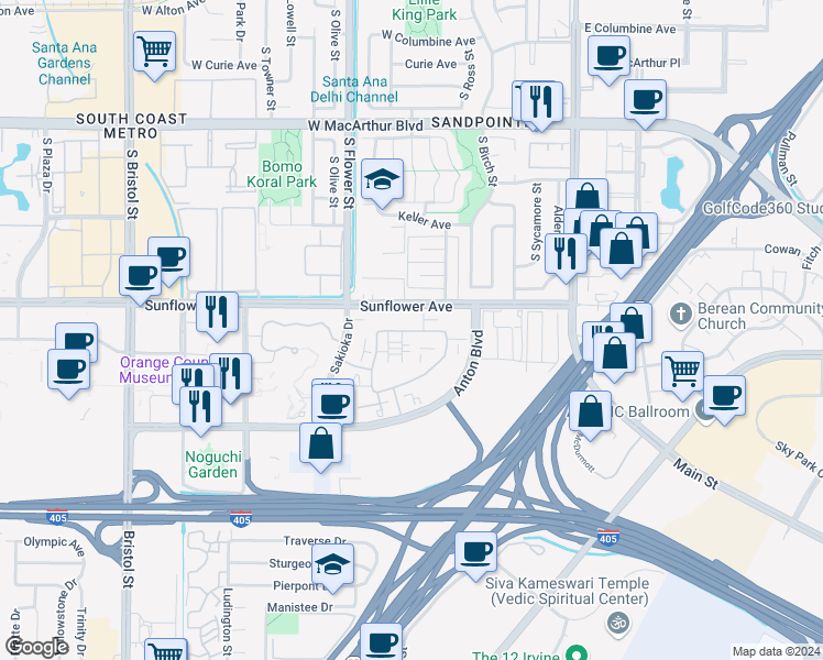map of restaurants, bars, coffee shops, grocery stores, and more near 443 Enclave Circle in Costa Mesa