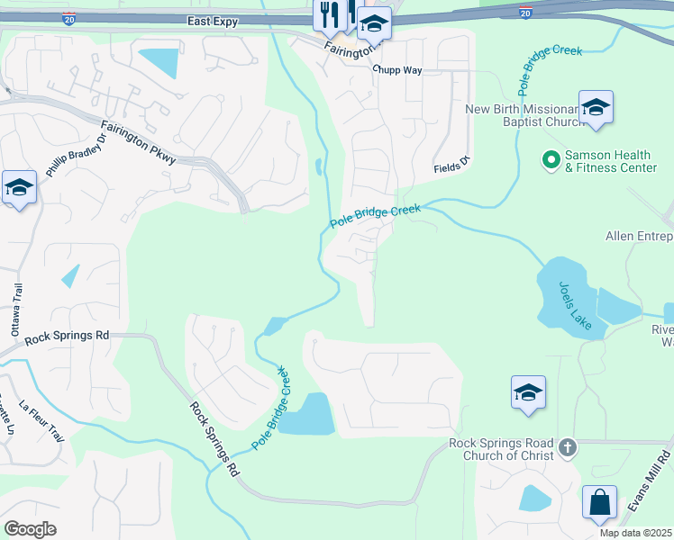 map of restaurants, bars, coffee shops, grocery stores, and more near 5818 Par Four Court in Stonecrest