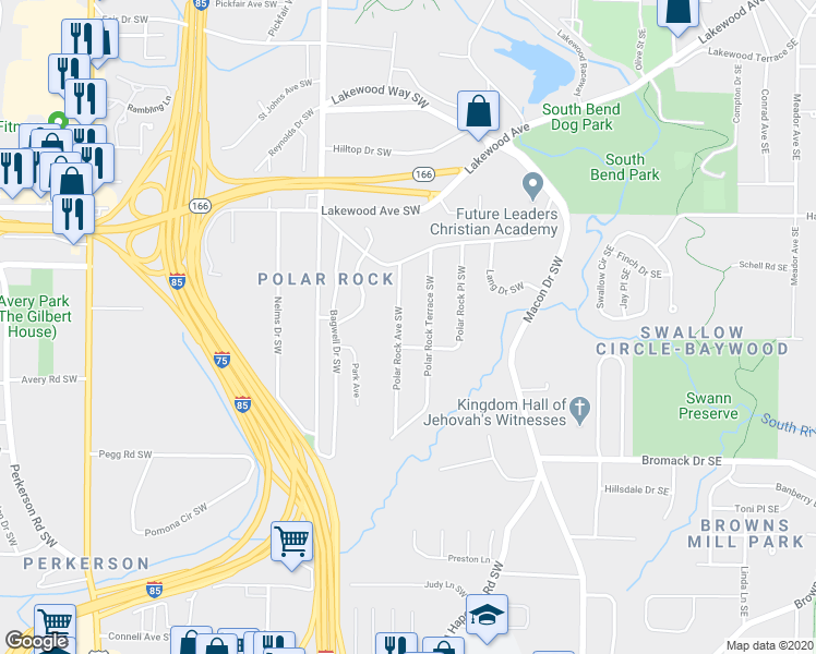 map of restaurants, bars, coffee shops, grocery stores, and more near 2240 Polar Rock Avenue Southwest in Atlanta