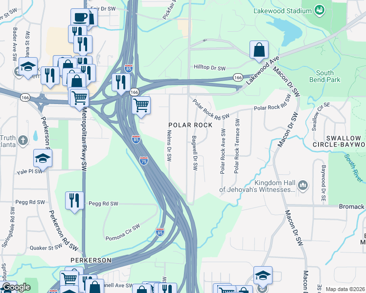 map of restaurants, bars, coffee shops, grocery stores, and more near 2256 Pryor Road Southwest in Atlanta