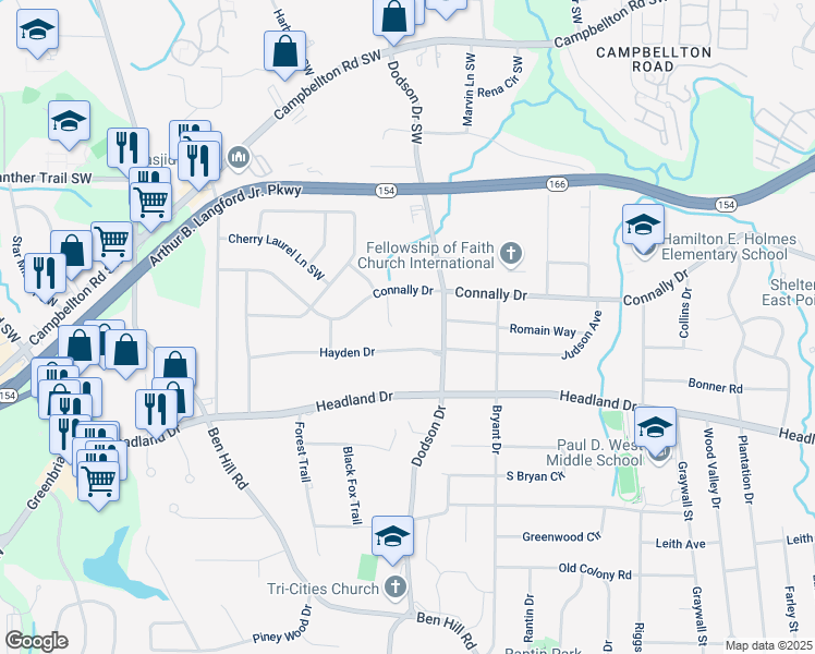 map of restaurants, bars, coffee shops, grocery stores, and more near 2280 Connally Court in East Point