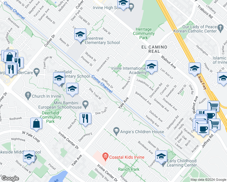 map of restaurants, bars, coffee shops, grocery stores, and more near 4662 Roxbury Drive in Irvine