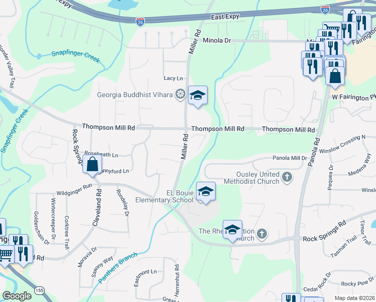 map of restaurants, bars, coffee shops, grocery stores, and more near 3112 Millers Run in Stonecrest