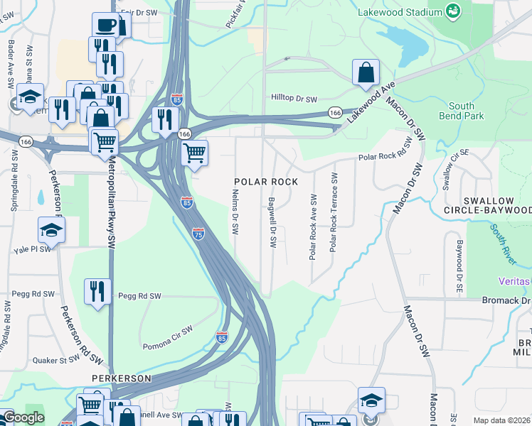 map of restaurants, bars, coffee shops, grocery stores, and more near 2256 Pryor Road Southwest in Atlanta