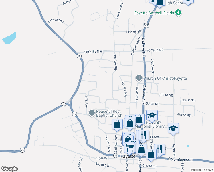 map of restaurants, bars, coffee shops, grocery stores, and more near 3rd Avenue Northwest in Fayette