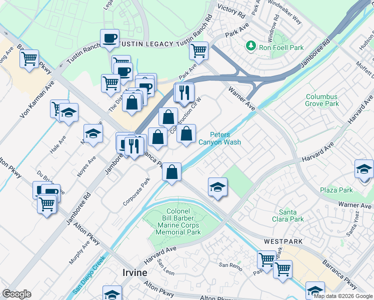 map of restaurants, bars, coffee shops, grocery stores, and more near 16372 Construction Circle East in Irvine