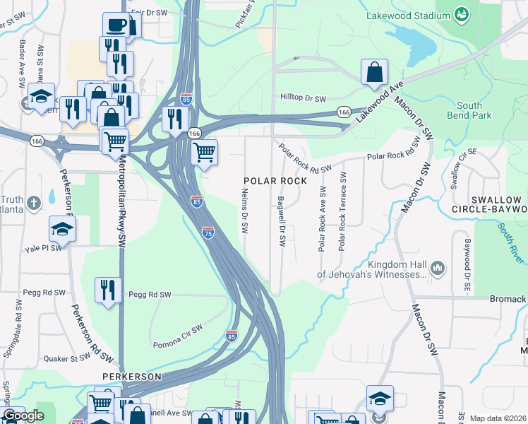 map of restaurants, bars, coffee shops, grocery stores, and more near 2256 Pryor Road Southwest in Atlanta