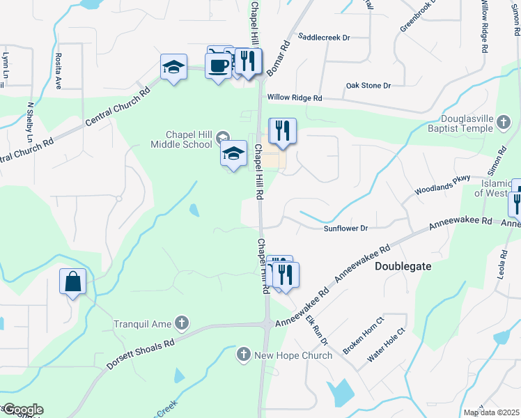 map of restaurants, bars, coffee shops, grocery stores, and more near 4125 Chapel Hill Road in Douglasville