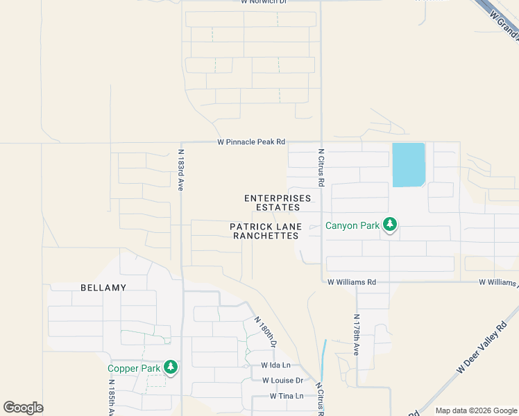 map of restaurants, bars, coffee shops, grocery stores, and more near 18071 West Patrick Lane in Surprise