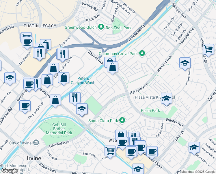 map of restaurants, bars, coffee shops, grocery stores, and more near 65 Juneberry in Irvine