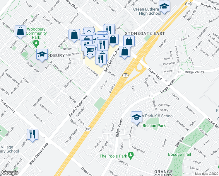 map of restaurants, bars, coffee shops, grocery stores, and more near 59 Courant in Irvine