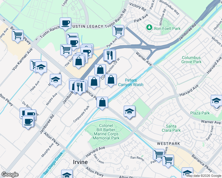 map of restaurants, bars, coffee shops, grocery stores, and more near 16372 Construction Circle East in Irvine