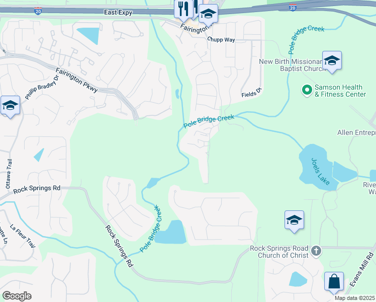 map of restaurants, bars, coffee shops, grocery stores, and more near 5818 Par Four Court in Stonecrest