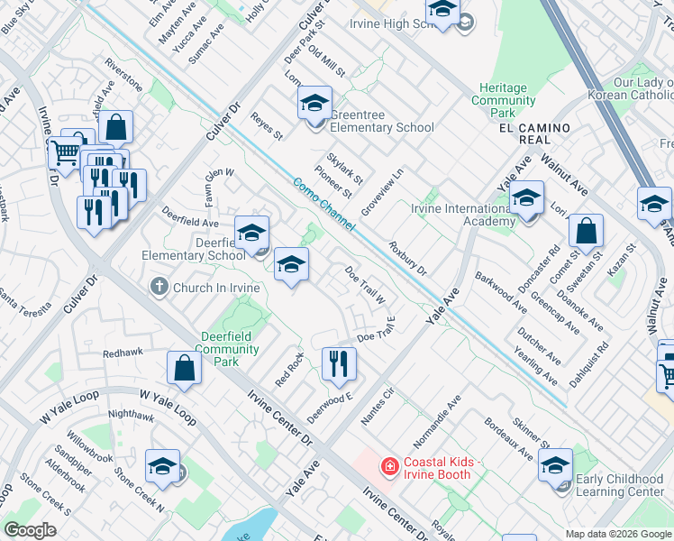 map of restaurants, bars, coffee shops, grocery stores, and more near 7 Cattail in Irvine