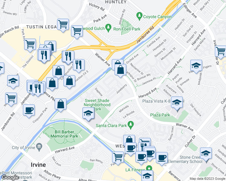 map of restaurants, bars, coffee shops, grocery stores, and more near 60 Fringe Tree in Irvine