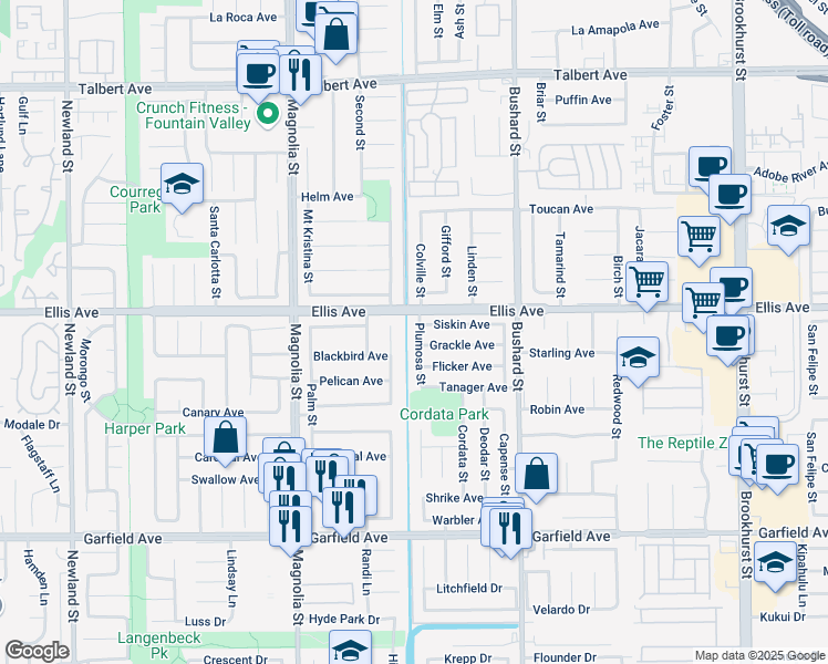 map of restaurants, bars, coffee shops, grocery stores, and more near 18566 Cottonwood Street in Fountain Valley