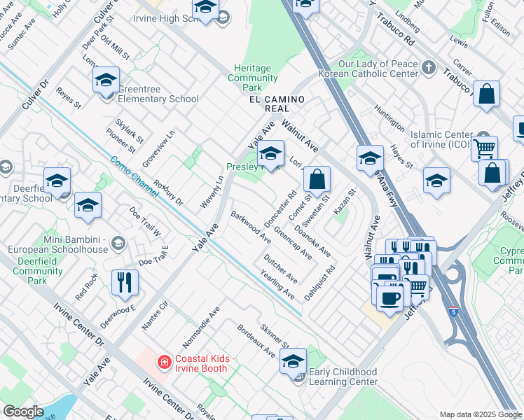 map of restaurants, bars, coffee shops, grocery stores, and more near 14781 Doncaster Road in Irvine