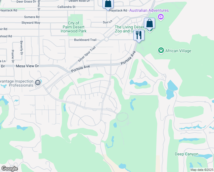 map of restaurants, bars, coffee shops, grocery stores, and more near 48885 Mariposa Drive in Palm Desert