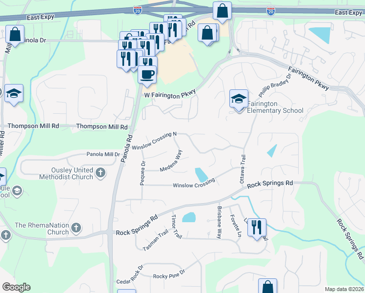 map of restaurants, bars, coffee shops, grocery stores, and more near 5411 Medena Way in Lithonia