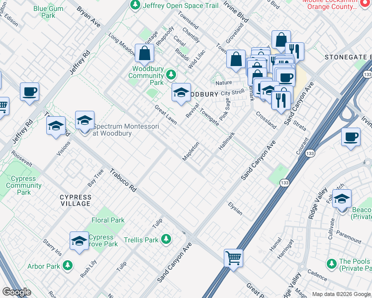map of restaurants, bars, coffee shops, grocery stores, and more near 25 Twin Gables in Irvine