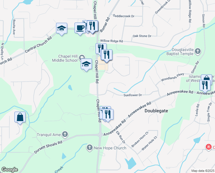 map of restaurants, bars, coffee shops, grocery stores, and more near 4393 Treeline Way in Douglasville