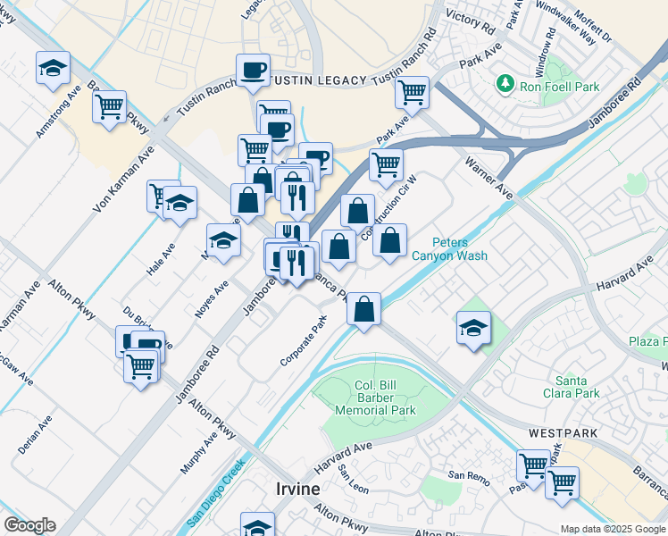 map of restaurants, bars, coffee shops, grocery stores, and more near 2805 Barranca Parkway in Irvine