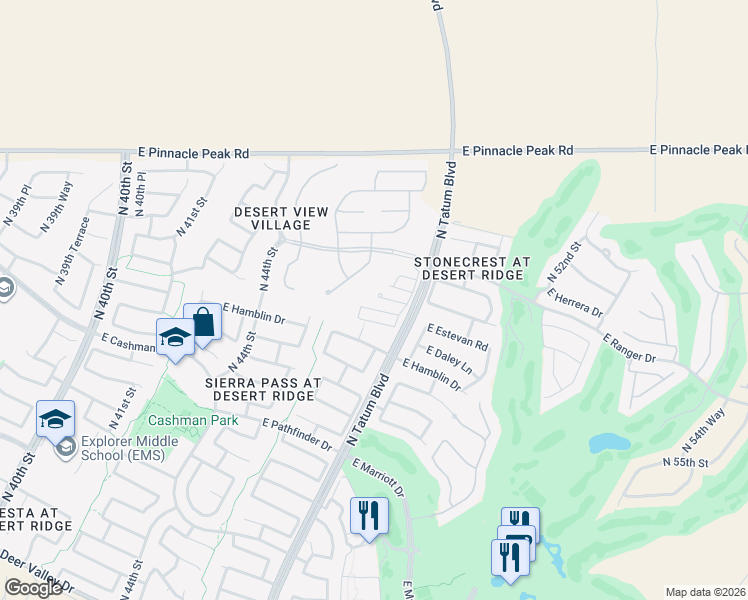 map of restaurants, bars, coffee shops, grocery stores, and more near 4647 East Patrick Lane in Phoenix