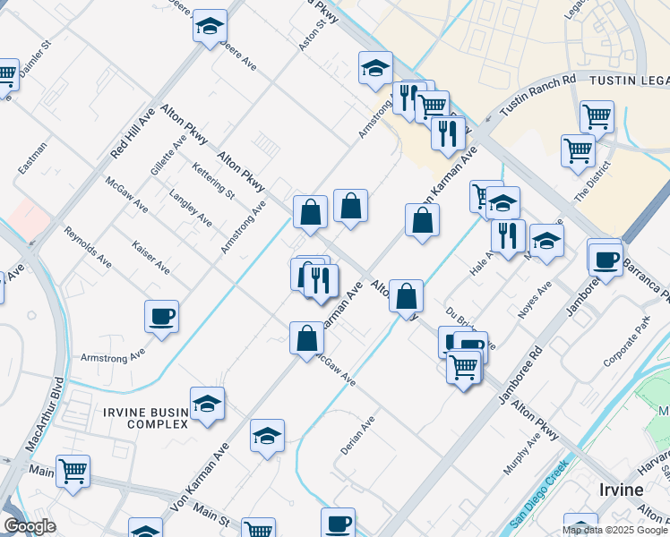 map of restaurants, bars, coffee shops, grocery stores, and more near 156 Unity Street in Irvine
