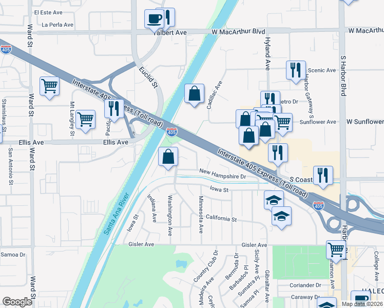 map of restaurants, bars, coffee shops, grocery stores, and more near 3332 Nevada Avenue in Costa Mesa