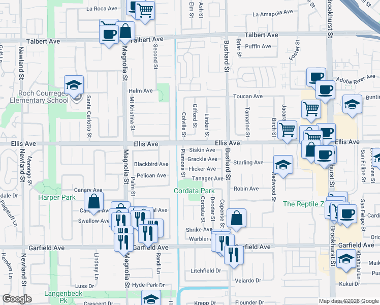 map of restaurants, bars, coffee shops, grocery stores, and more near 9333 Grackle Avenue in Fountain Valley