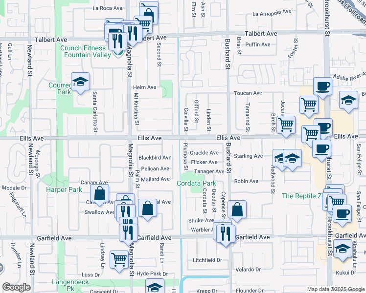 map of restaurants, bars, coffee shops, grocery stores, and more near 18566 Cottonwood Street in Fountain Valley