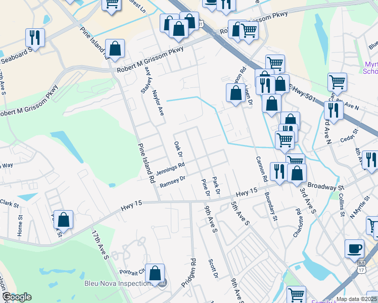 map of restaurants, bars, coffee shops, grocery stores, and more near 1090 Oak Drive in Myrtle Beach