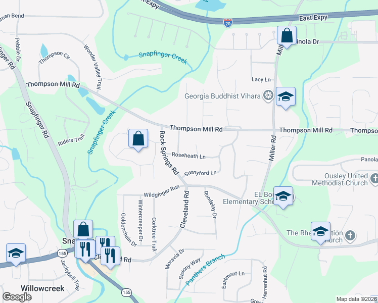 map of restaurants, bars, coffee shops, grocery stores, and more near 3178 Roseheath Lane in Stonecrest