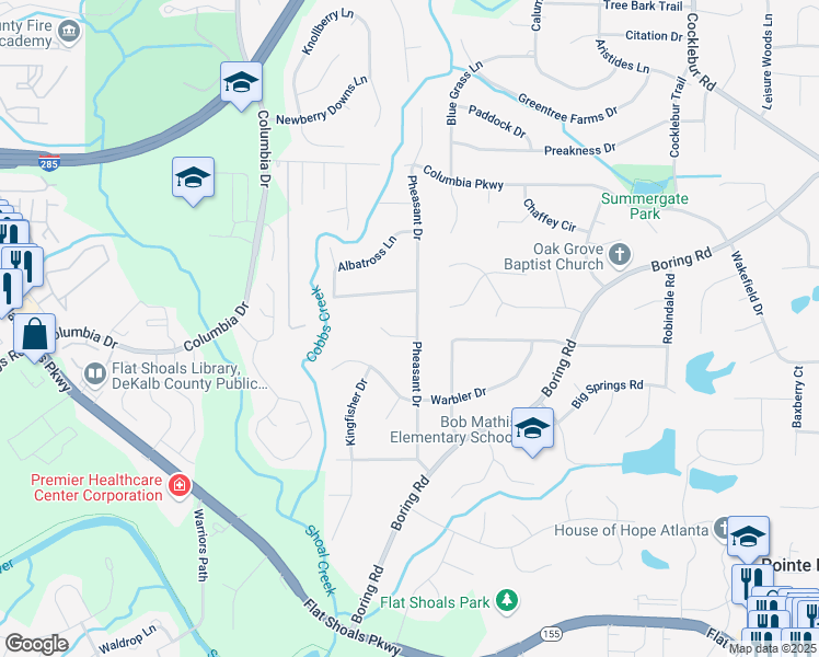 map of restaurants, bars, coffee shops, grocery stores, and more near 3186 Quail Court in Decatur