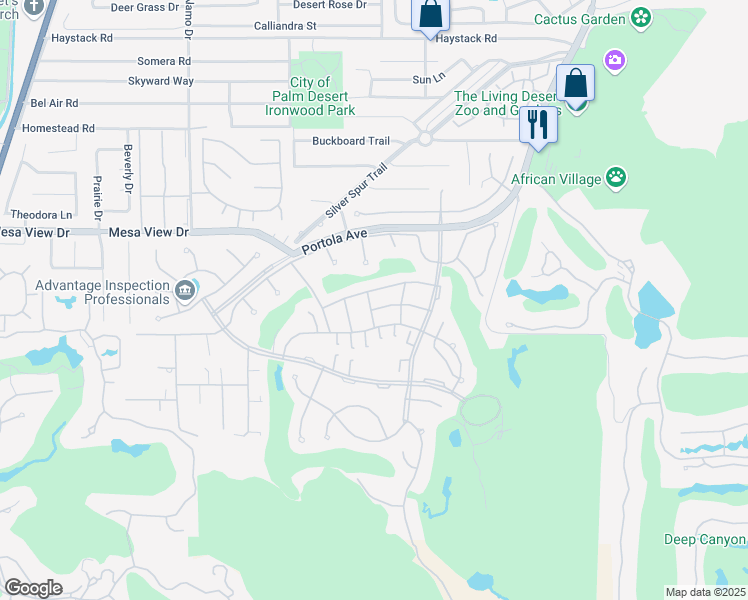 map of restaurants, bars, coffee shops, grocery stores, and more near 48852 Owl Lane in Palm Desert