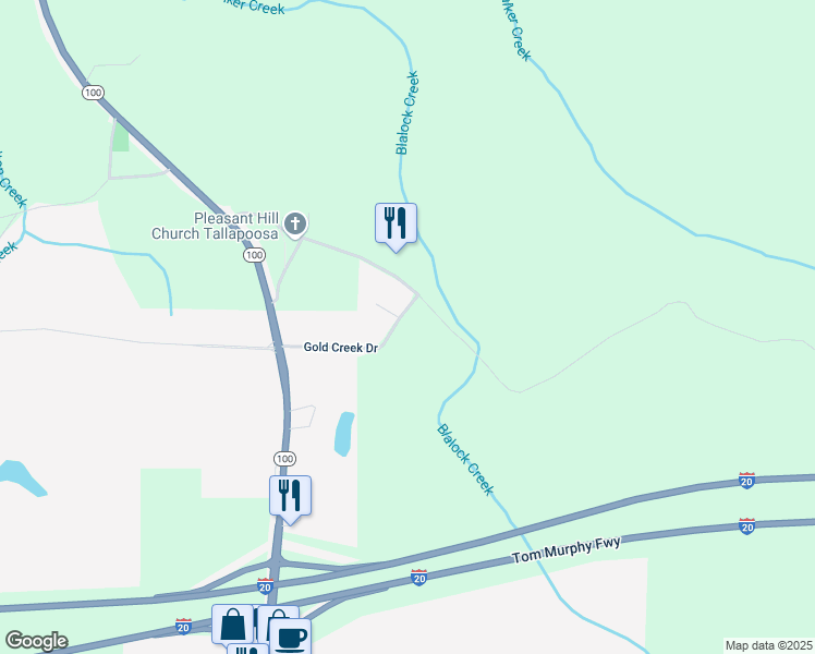 map of restaurants, bars, coffee shops, grocery stores, and more near 159 Gold Creek Drive in Tallapoosa