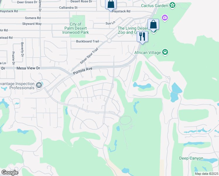 map of restaurants, bars, coffee shops, grocery stores, and more near 48885 Mariposa Drive in Palm Desert