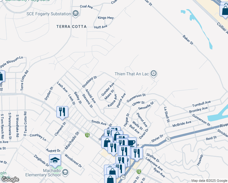 map of restaurants, bars, coffee shops, grocery stores, and more near Maes Street in Lake Elsinore