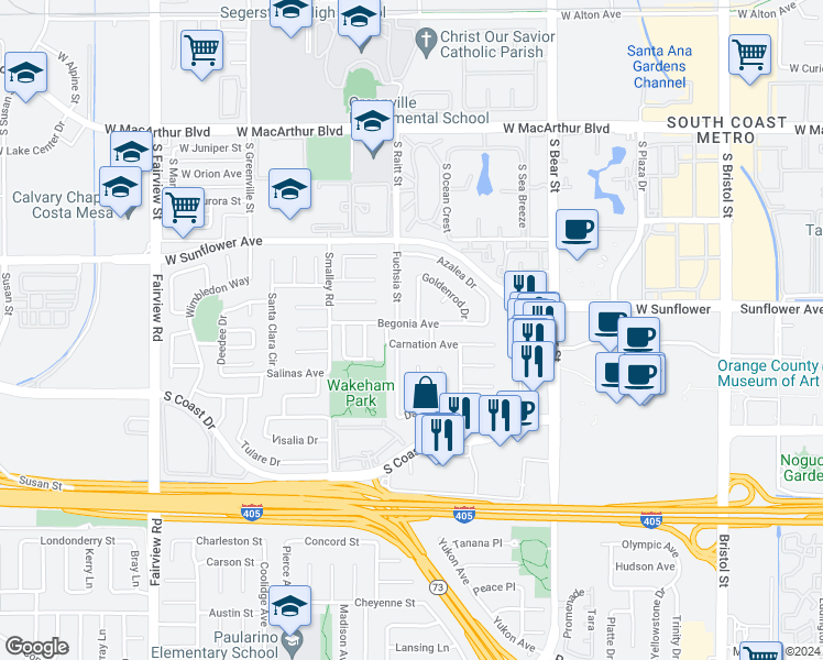 map of restaurants, bars, coffee shops, grocery stores, and more near 981 Begonia Avenue in Costa Mesa