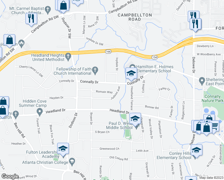map of restaurants, bars, coffee shops, grocery stores, and more near 2469 Romain Way in Atlanta