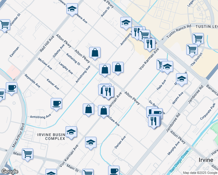 map of restaurants, bars, coffee shops, grocery stores, and more near 185 Steely in Irvine