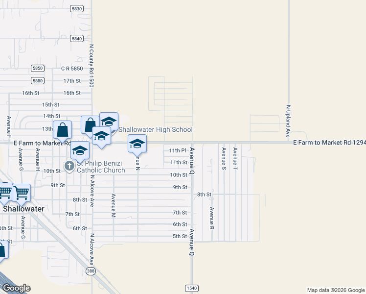 map of restaurants, bars, coffee shops, grocery stores, and more near 1404 11th Place in Shallowater