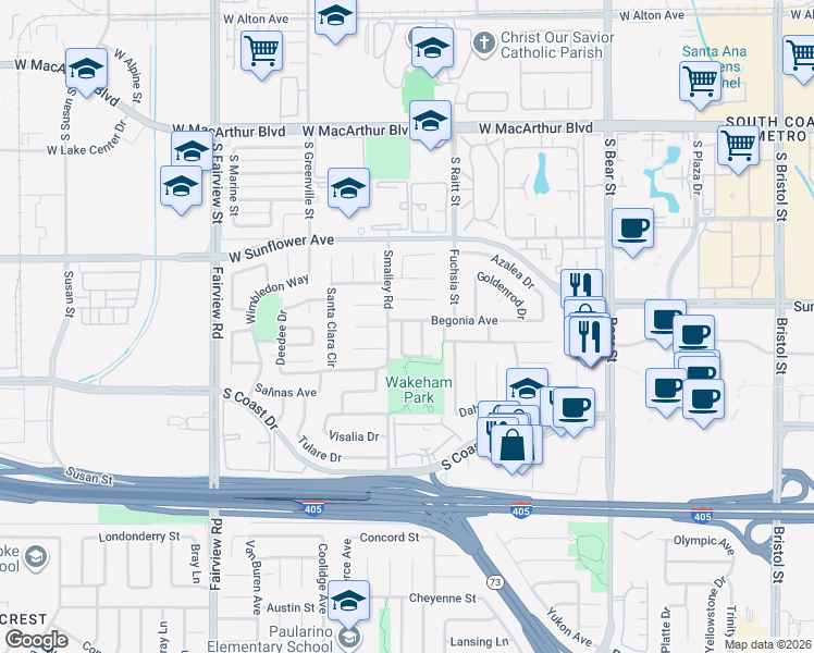 map of restaurants, bars, coffee shops, grocery stores, and more near 3408 Lavender Lane in Costa Mesa