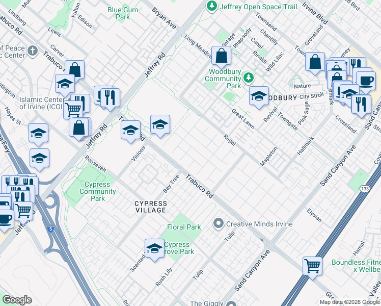 map of restaurants, bars, coffee shops, grocery stores, and more near 59 Midnight Sky in Irvine