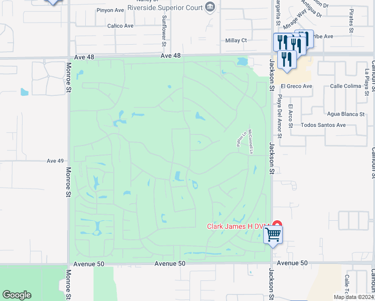 map of restaurants, bars, coffee shops, grocery stores, and more near 48957 Heifitz Drive in Indio